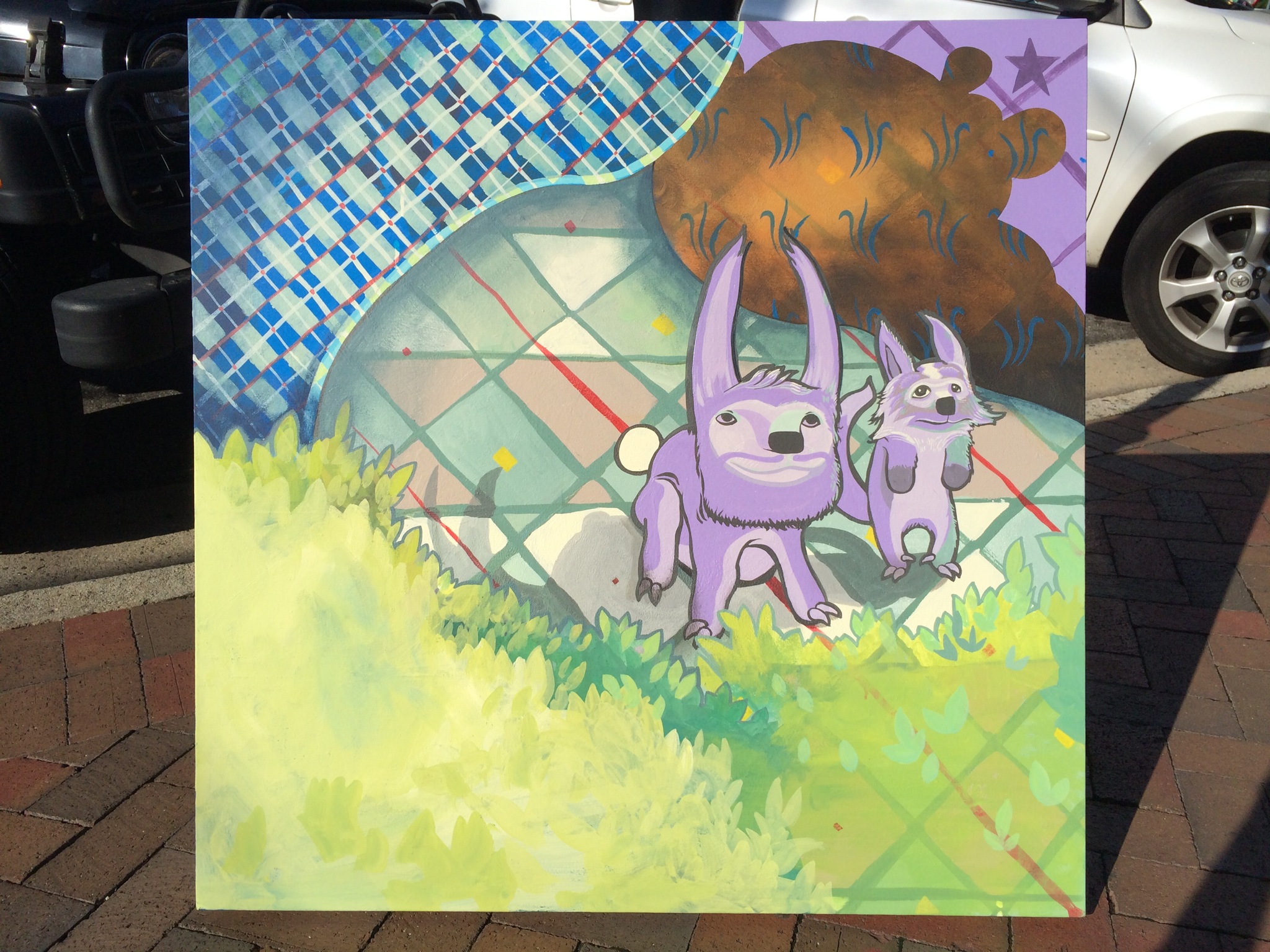 2 purple animals's on a plaid background. 2014, alex feliciano