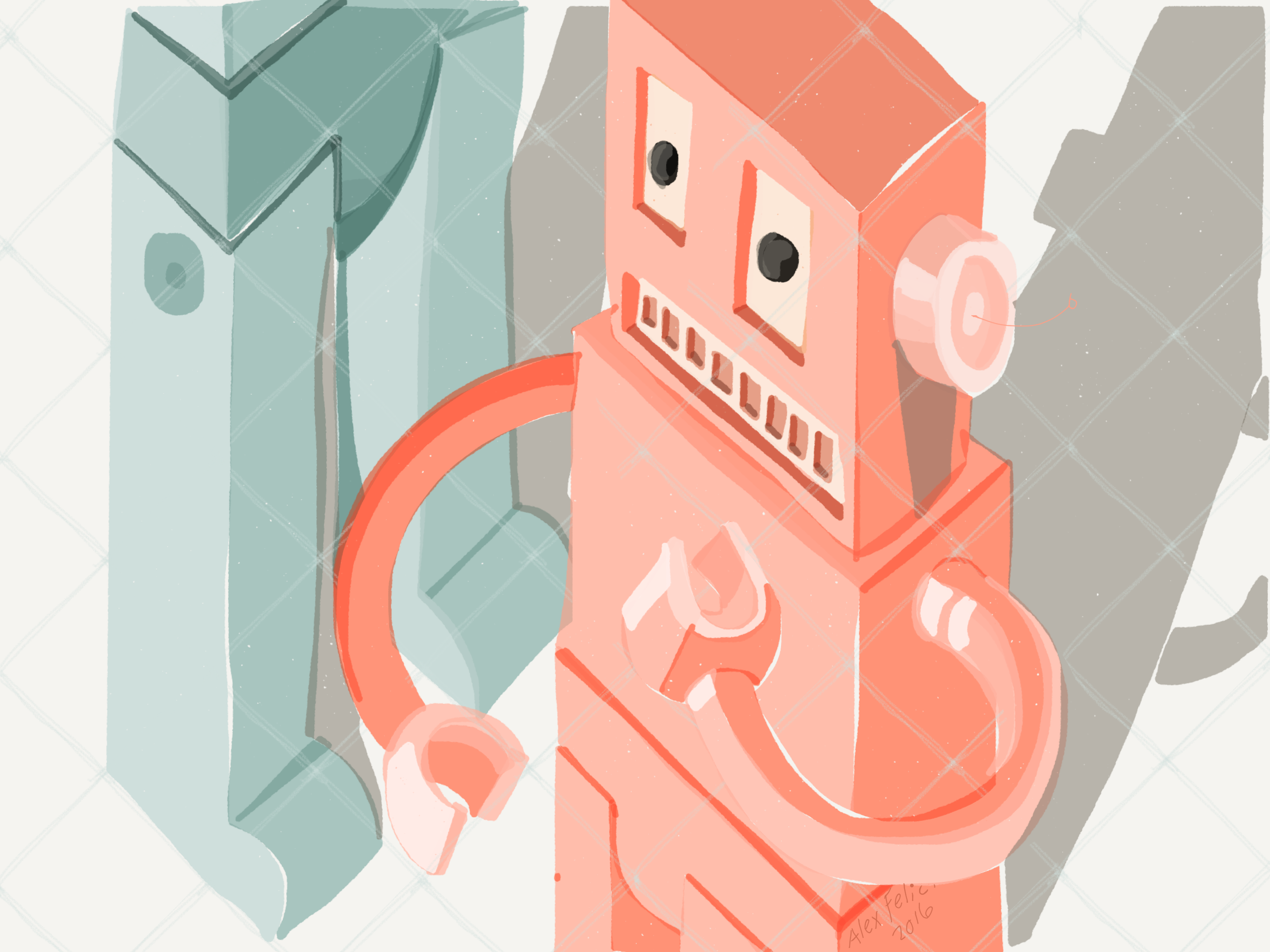 Pink and blue robots.