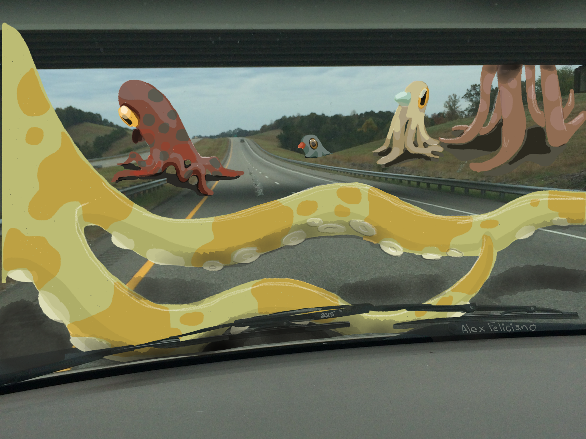 Giant squids crossing a highway.