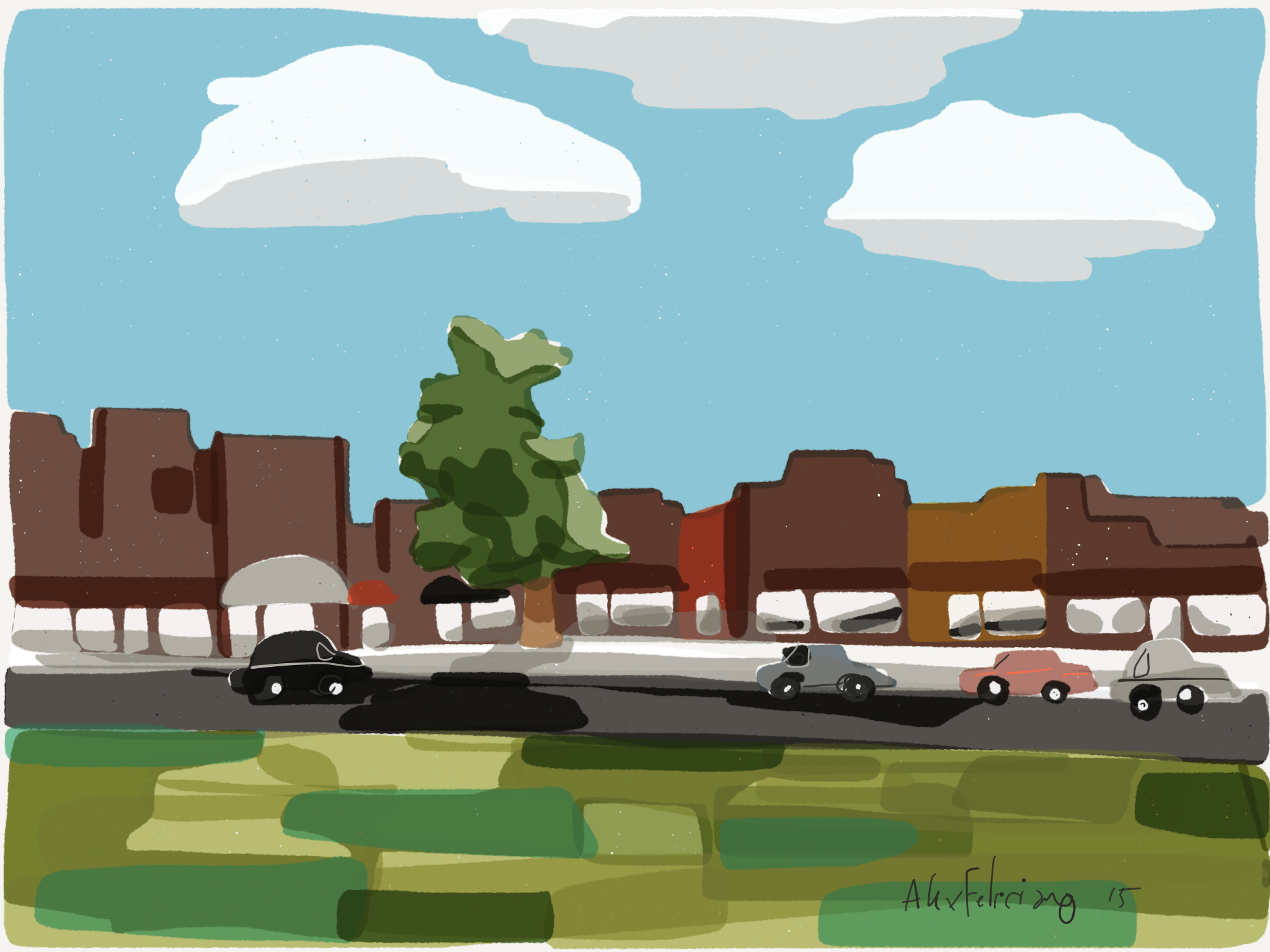 down town with a few cars
