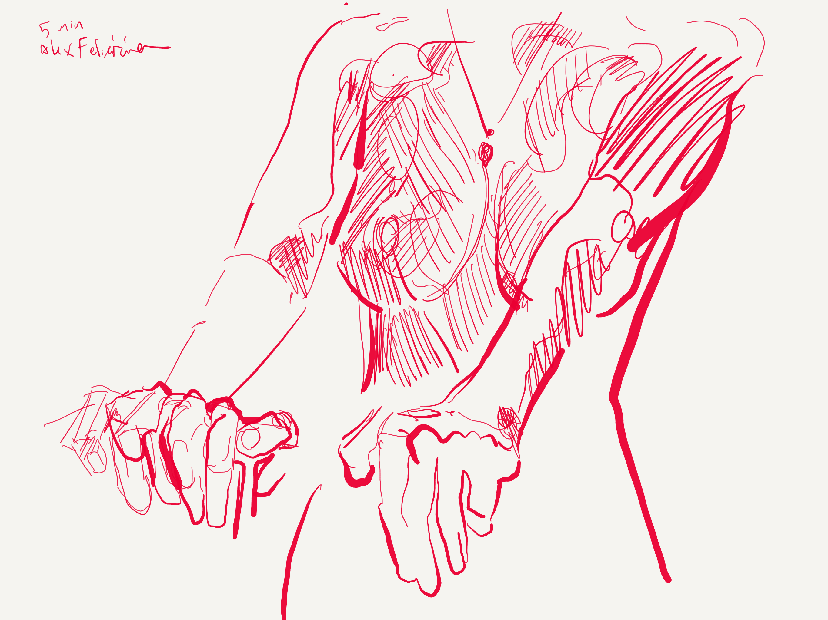 Red pen, woman stretches with hands forward by alex feliciano
