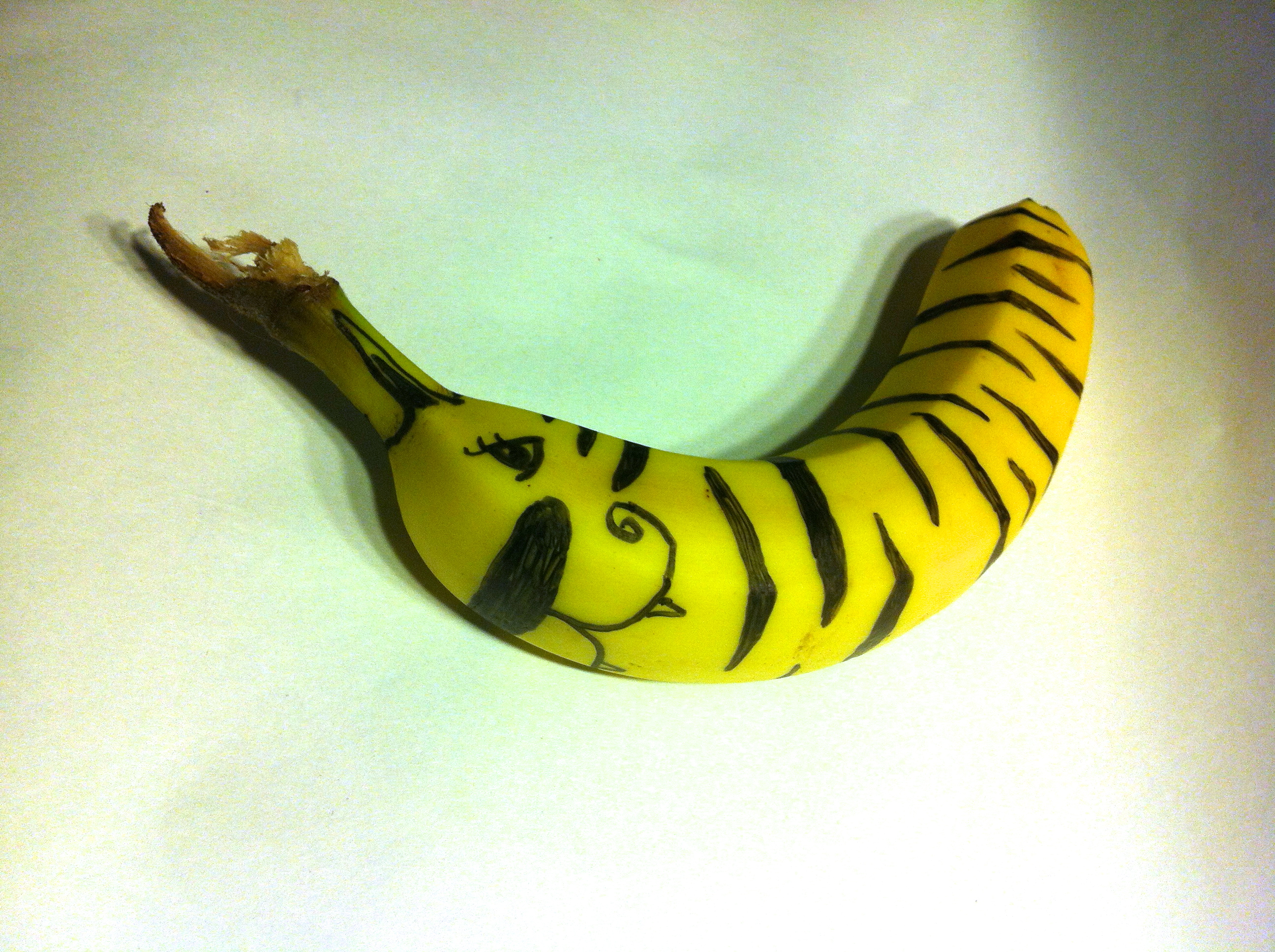 Painted banana, black stripes on a yellow banana looks like a cartoon tiger.