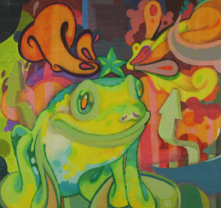 Frog amidst colors tones and shapes