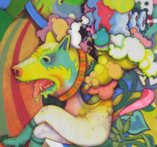 A dog sits cross-legged with clouds passing through its body, surrounded by colorful shapes and plants.
