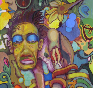 Person with a leg tattoo looks on with heavy blue eye lids, surrounded by colorful plants and shapes.
