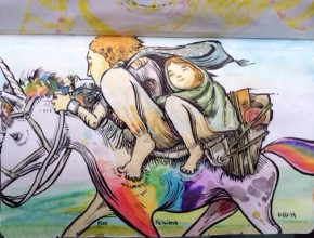 Two people in capes and barefoot riding a rainbow unicorn.