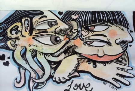 Watercolor and ink drawing of two heads in love, shaped like the letters P and E.