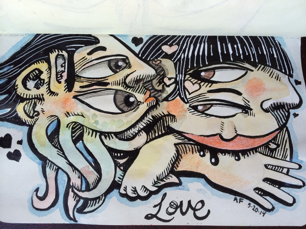 Watercolor and ink drawing of two heads in love, shaped like the letters P and E.