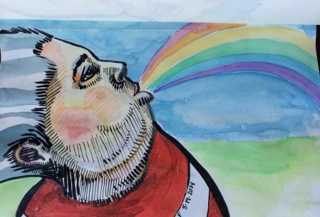 Watercolor of a person blowing a rainbow out of mouth.