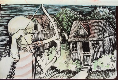 An ink and watercolor drawing of a young person with a bow and arrow pointed at a house.
