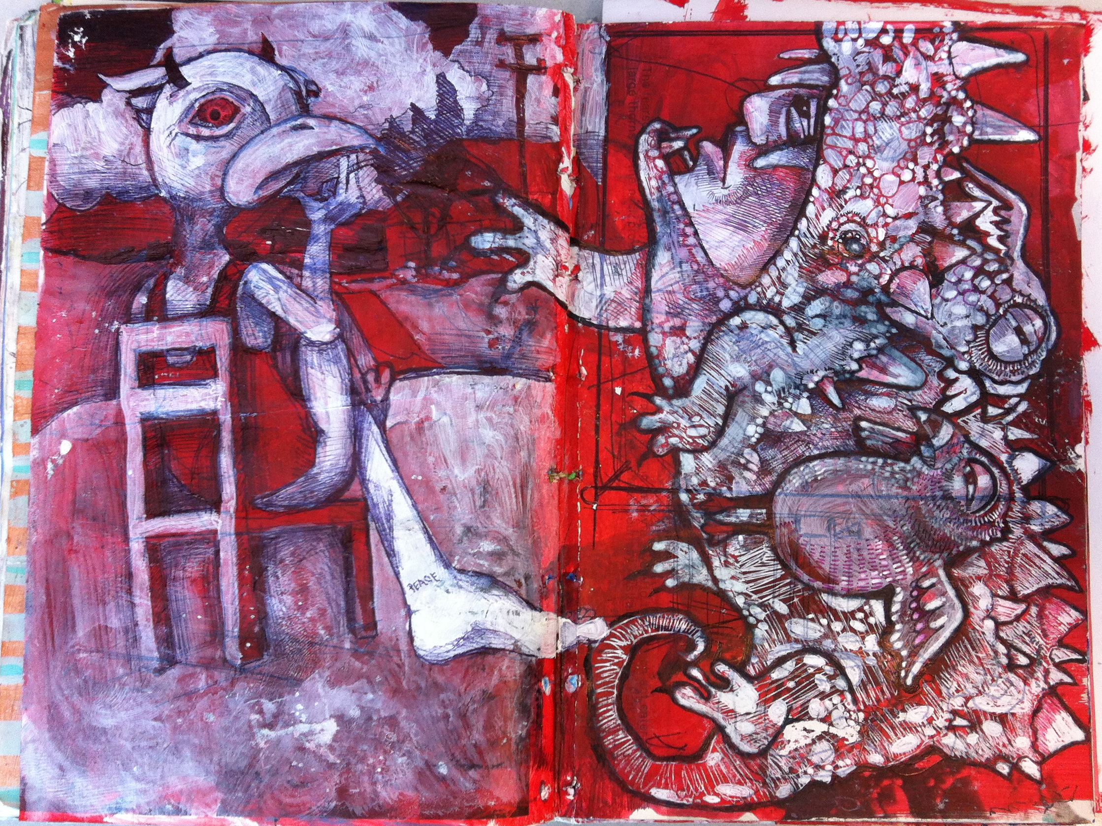 Ink drawing on red background with white 