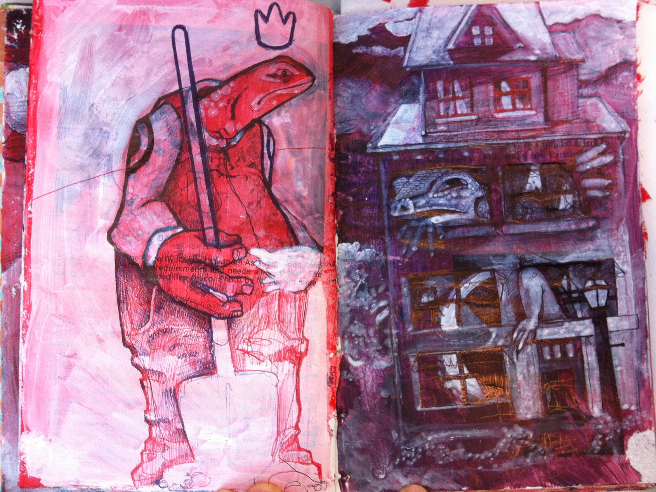 Ink drawing of lizard with shovel and opposite page a house with giant lizard in it, on red background with white 