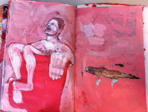 Ink drawing of man sitting in tub, on red background with white