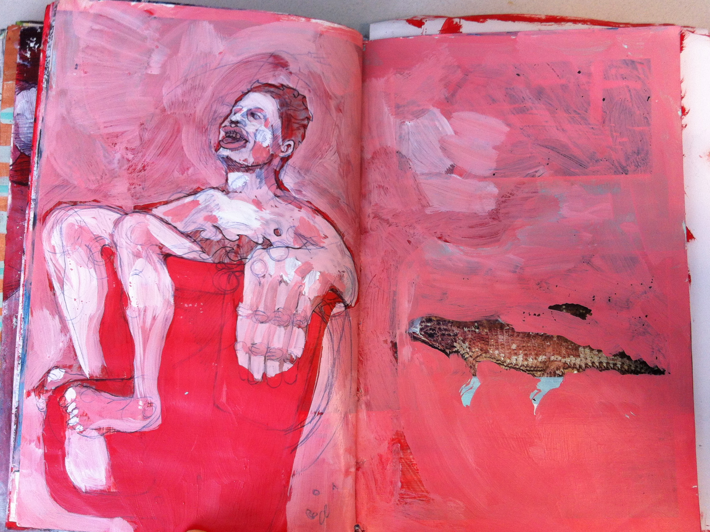 Ink drawing of man sitting in tub, on red background with white 