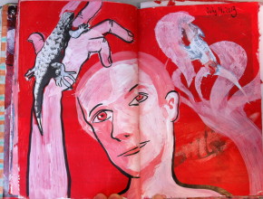 Ink drawing of man looking at hands and lizards, on red background with white