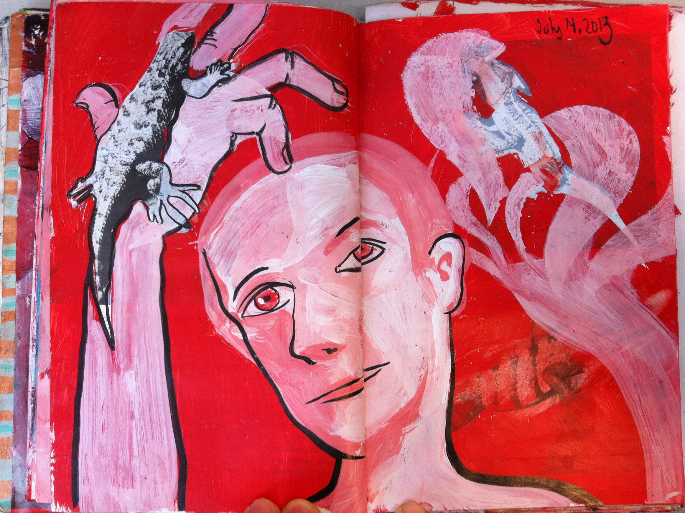 Ink drawing of man looking at hands and lizards, on red background with white 
