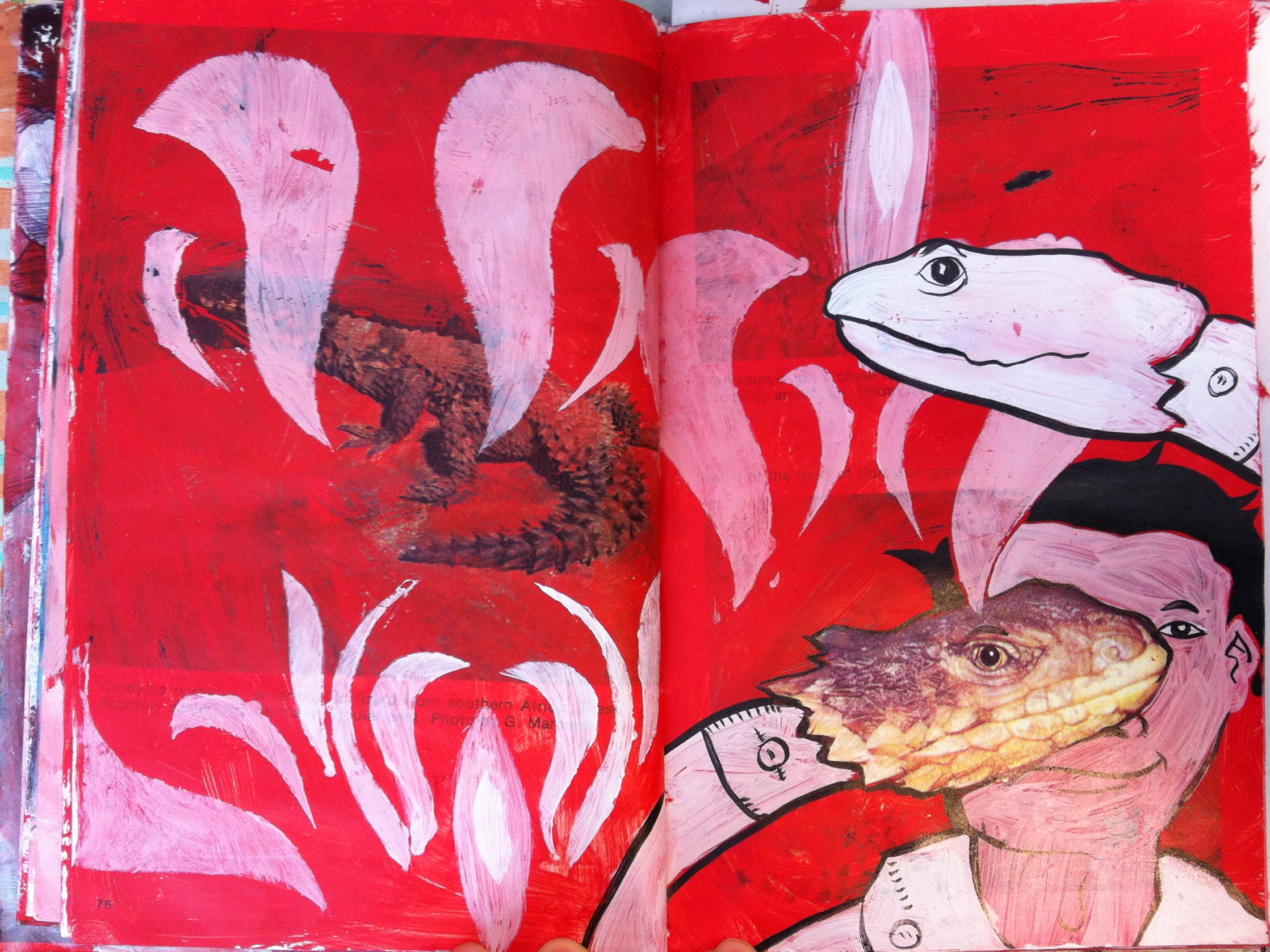 Ink drawing of lizard, on red background with white 