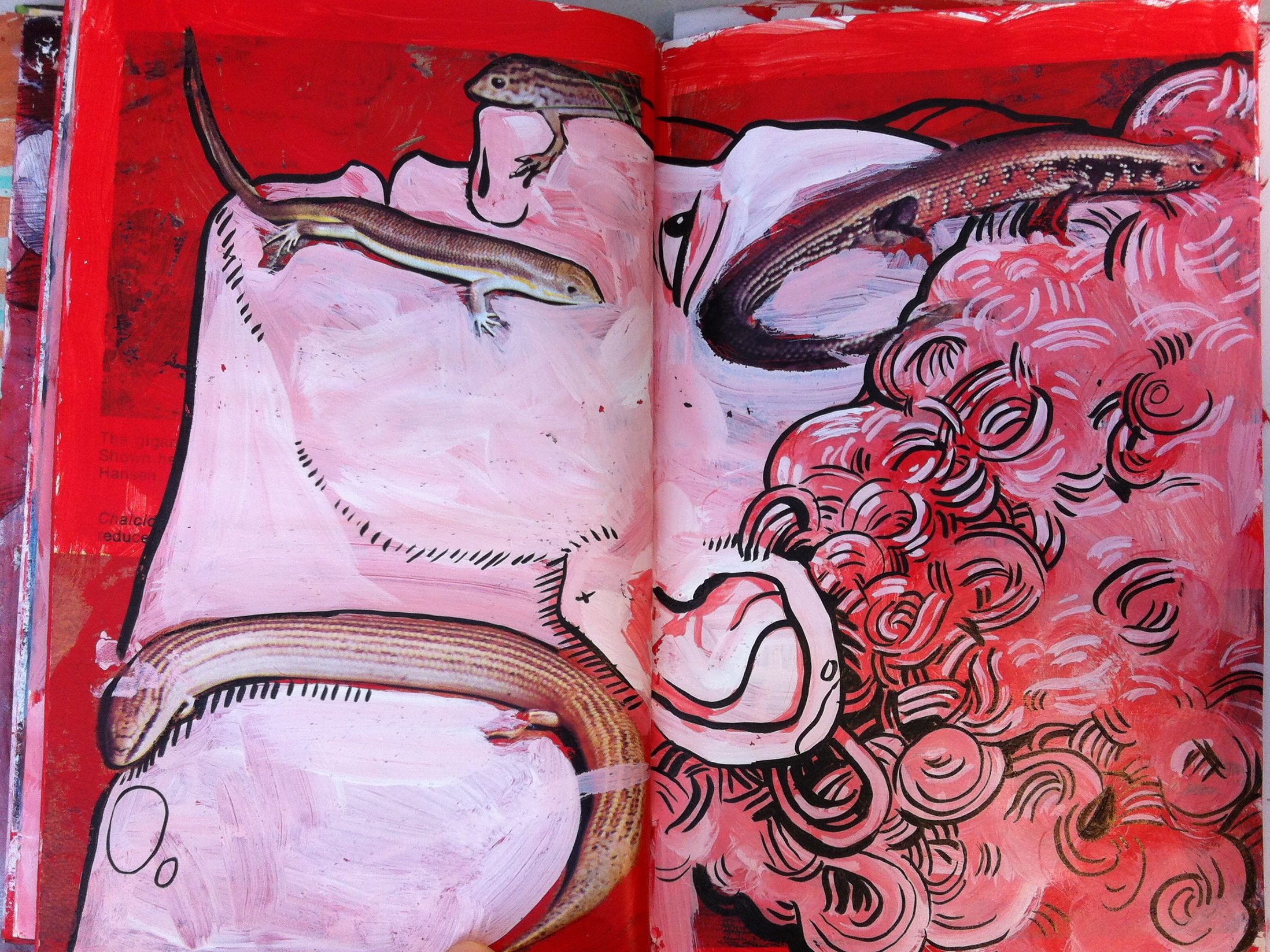 Ink drawing of curly man with lizards on face, on red background with white 