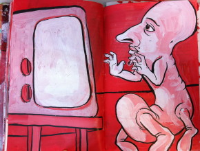 Ink drawing of man watching TV, on red background with white