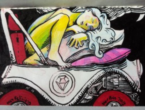 Drawing of a girl sleeping in a one person car, pillow and blankets.