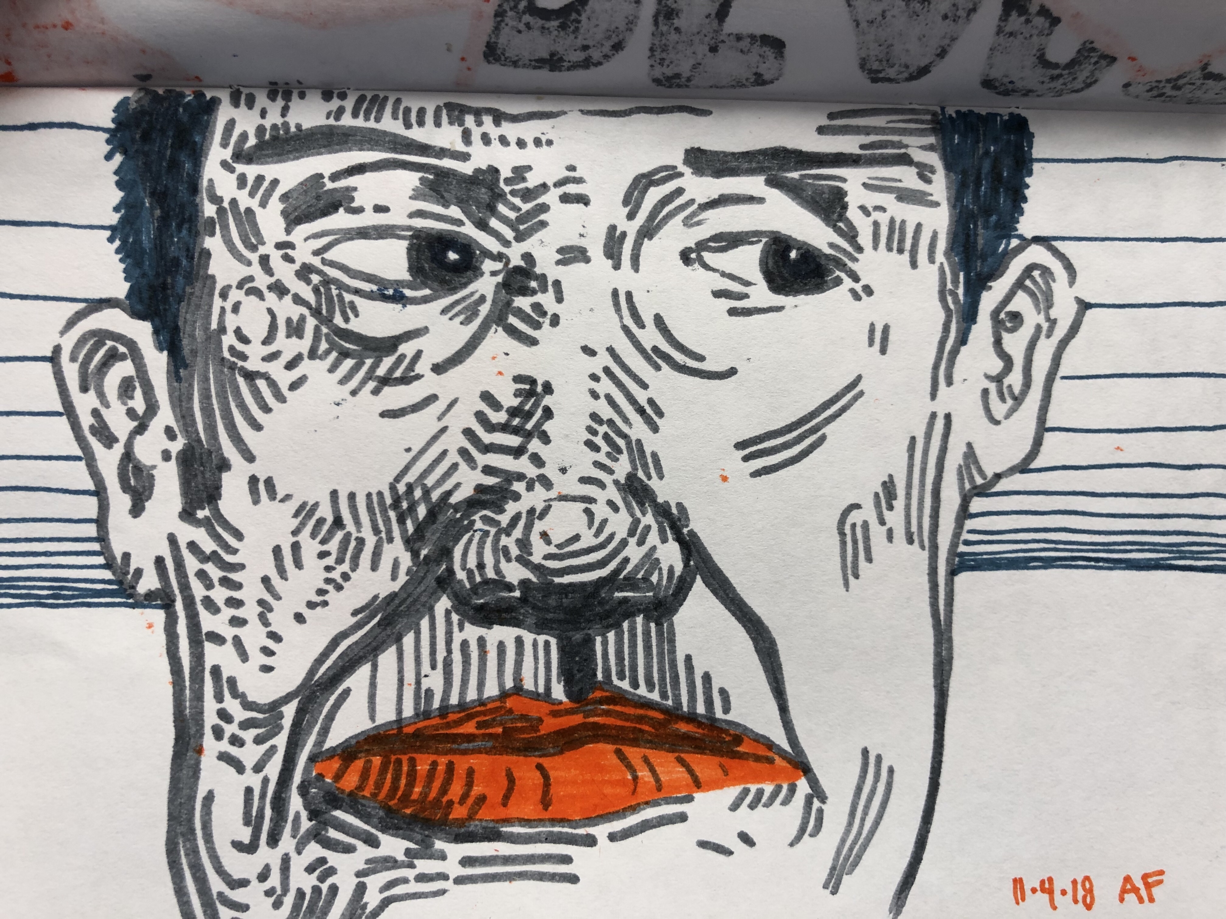 Drawing of face with orange lips by Alex Feliciano