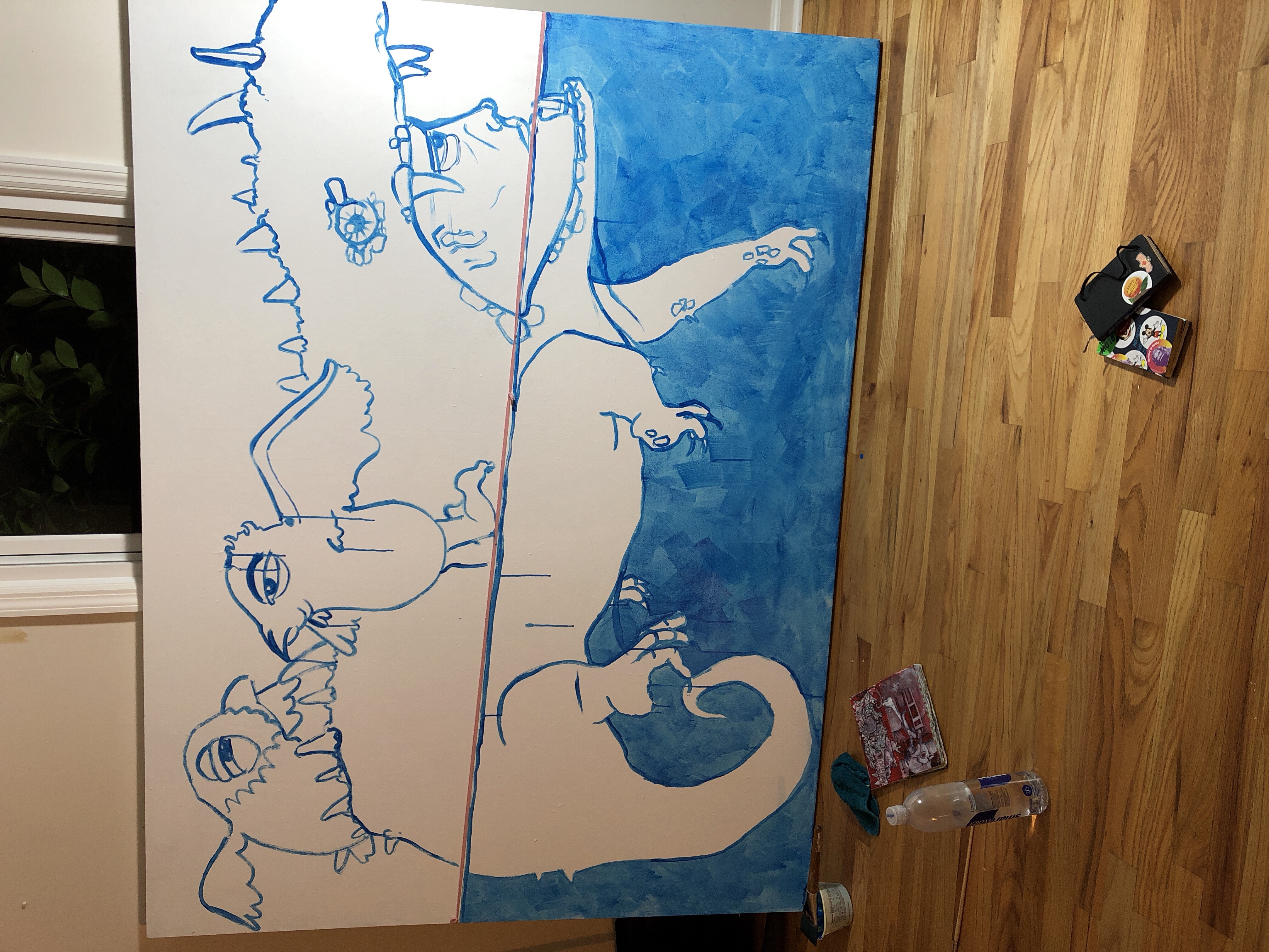 A 60 by 80 inch cavas in a room. the painting is in progress, an outline of a water beast with cartoon crows flying about.
