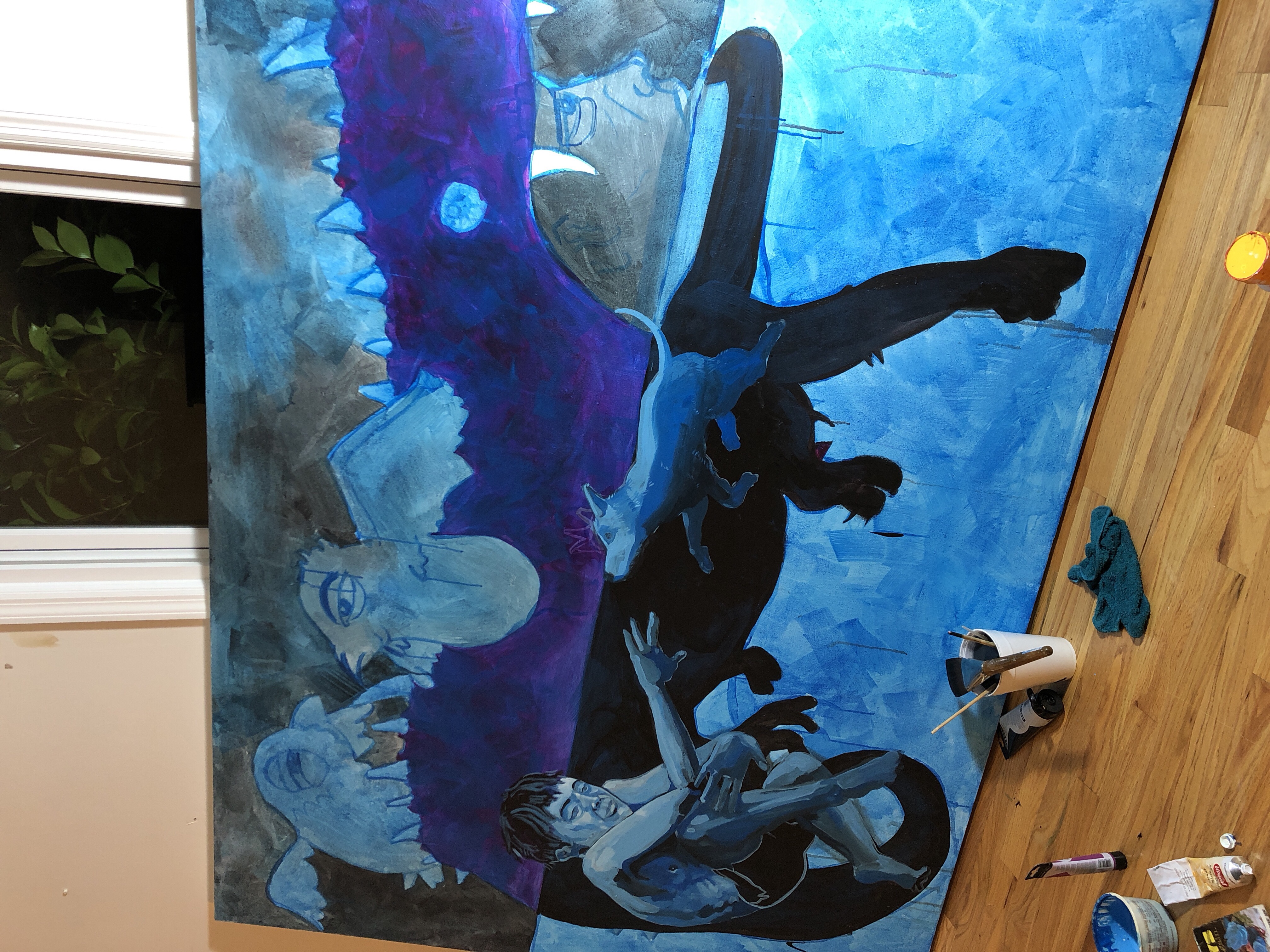 Painting in progress, Blue and purple tones with a person surrounded by dark shapes and outlines