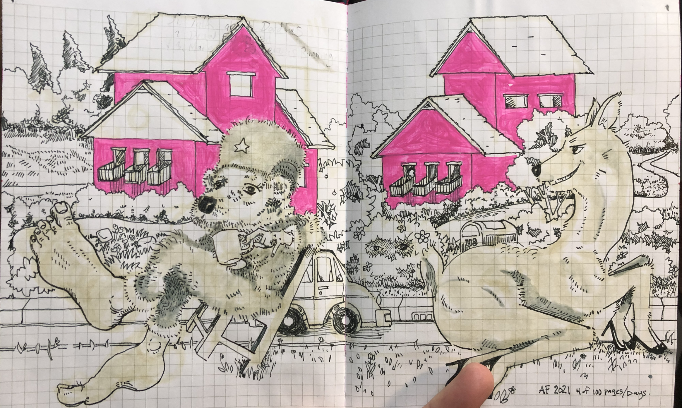 Drawing of a Bear and Deer in front of a row of pink houses
