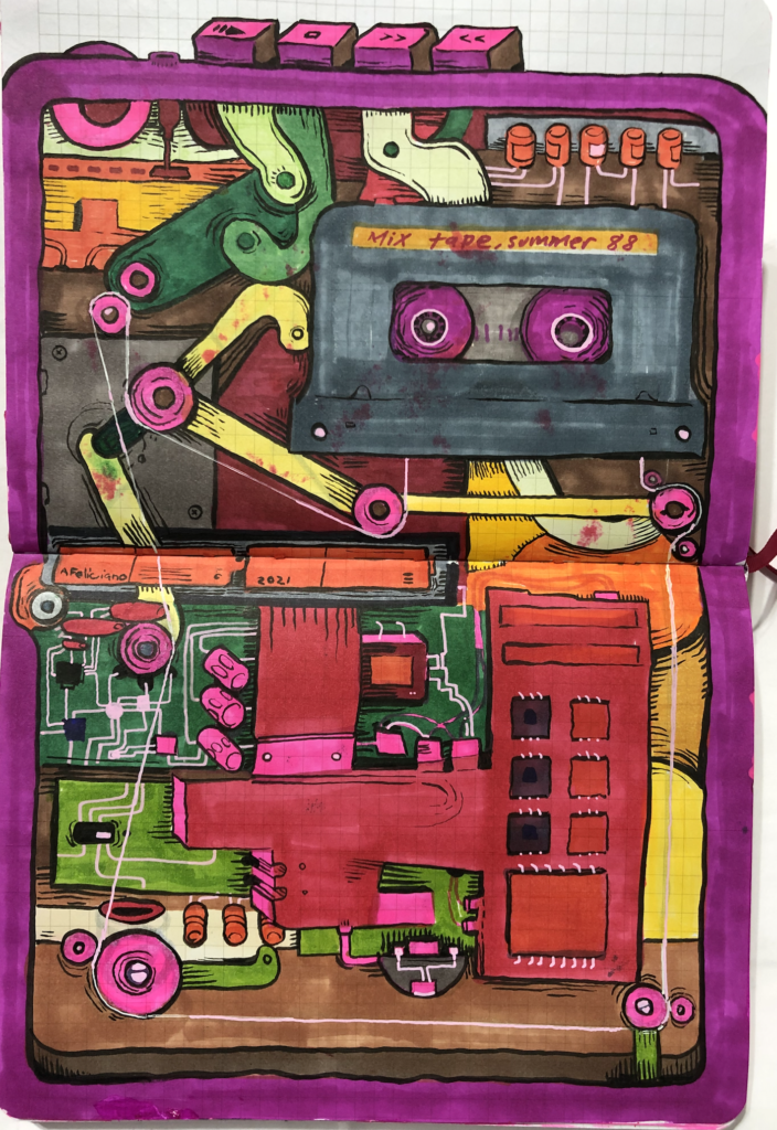 ink and marker illustration of the inside of a walkman.