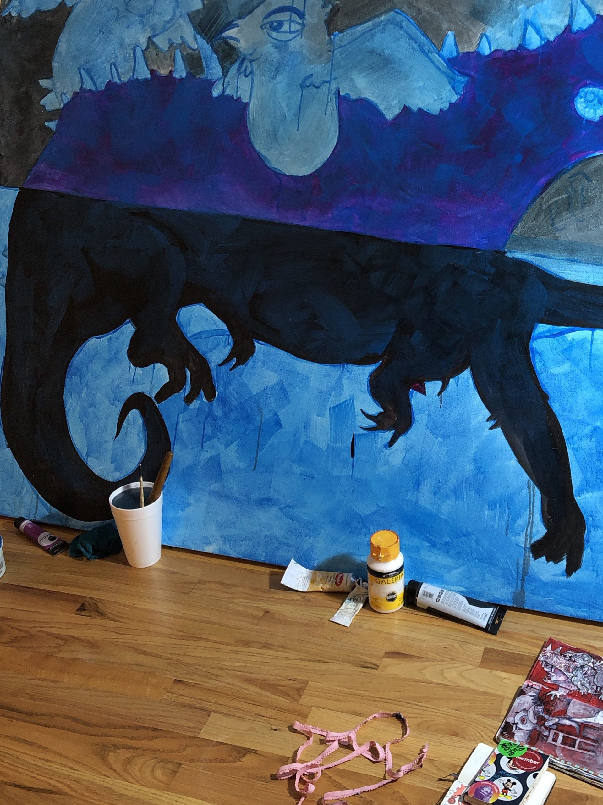 Painting in progress, Blue and purple tones with dark shapes and outlines